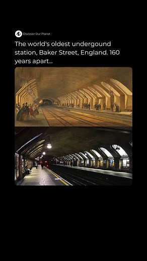 Discover The Planet on Instagram: "Baker Street Station in London is one of the world’s oldest underground stations, opened in 1863 as part of the world’s first underground railway—the Metropolitan Railway. The top image, created in 1863, shows an artist’s vision just before its opening, while the bottom photo shows how the station looks today, over 160 years later. Despite modern upgrades, its iconic arched brick architecture remains remarkably preserved. - #beforeandafter #bakerstreet #london 