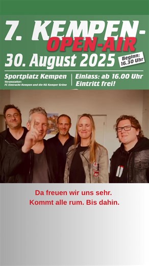 🎉 Save the Date: 30. August 2025! 🎶 Das 7. Kempen OPEN-AIR steht vor der Tür – und wir hören nicht auf mit den Attraktionen!🔥 🔥 Booster ist am Start und bringt den Sportplatz Kempen zum Beben! 🎸💃 Egal ob jung oder alt – alle sind herzlich willkommen! ⏰ Einlass: ab 16:00 Uhr 🎤 Beginn: 16:30 Uhr 📍 Sportplatz Kempen 💚 Eintritt: frei! Wir feiern zusammen die Party des Jahres – unter freiem Himmel, mit guter Laune und jeder Menge Musik bis tief in die Nacht! 🌙✨ 👉 Markiert eure Freunde, pac