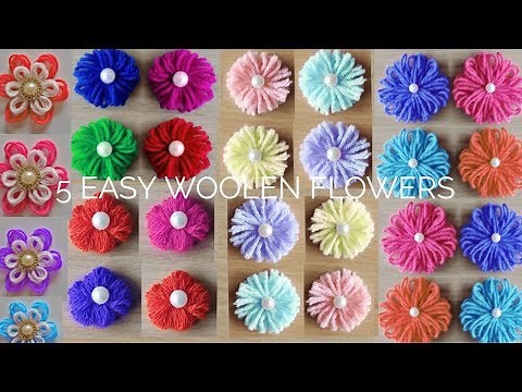 5 EASY WOOLEN FLOWER MAKING TUTORIAL | NO CROCHET YARN FLOWERS