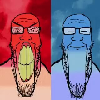 soyjaks wojaks in heaven and hell blue sky red sky joy joyful happy happiness angry mad madness rage big teeth open mouth hand on shoulder smiles and becomes happy placated and then another angry red jak appears in an endless cycle of jubilation and redemption from anger