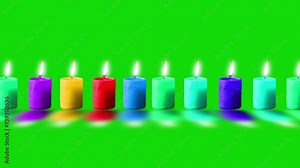 Colorful Birthday Candle Animation On Green Screen Background With Reflection Floor , Candle Flame Animation. Burning Colorful Candle Moving Animation Over Green Screen Bg, Candle With Flame Animation