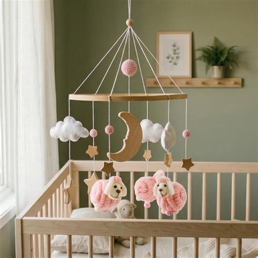 Pink Sheep Baby Mobile With Wooden Moon & Stars, Boho Nursery Decor for Baby Girl, Lamb Crib Mobile, Baby Shower Gift, Optional Wooden Arm - Etsy