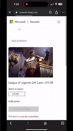 Microsoft rewards League of Legends Gift Card currently unavailable 😔