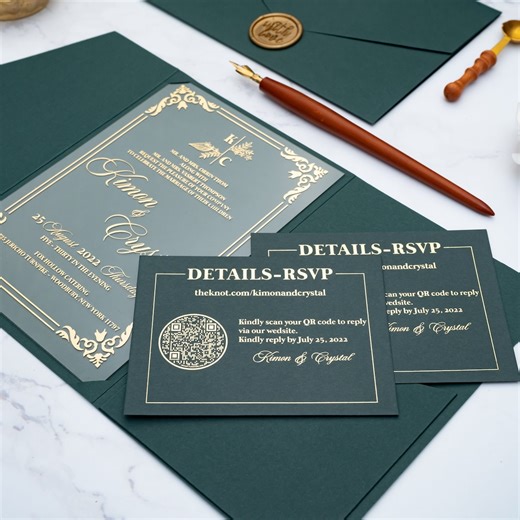 Gold Glitter Acrylic Wedding Invitation, Dark Green Envelope, RSVP - Etsy Canada