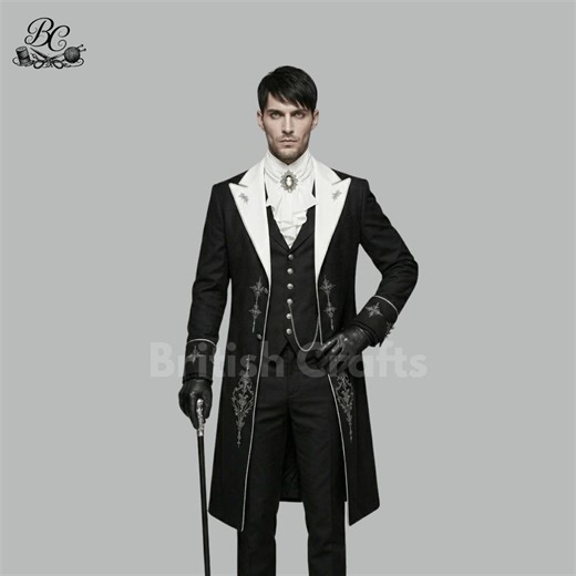 Black Gothic Tailcoat Suit, Victorian Embroidered Formal Coat, Steampunk Wedding Suit, Regency Aristocrat Outfit, Custom Gothic Tuxedo - Etsy