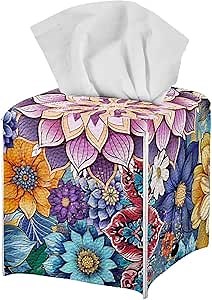 Buybai Floral Tissue Box Holder Square, Boho Tissue Box Cover Colorful Tissue Holder for Bathroom Home Kitchen Decorative, Easy to Carry