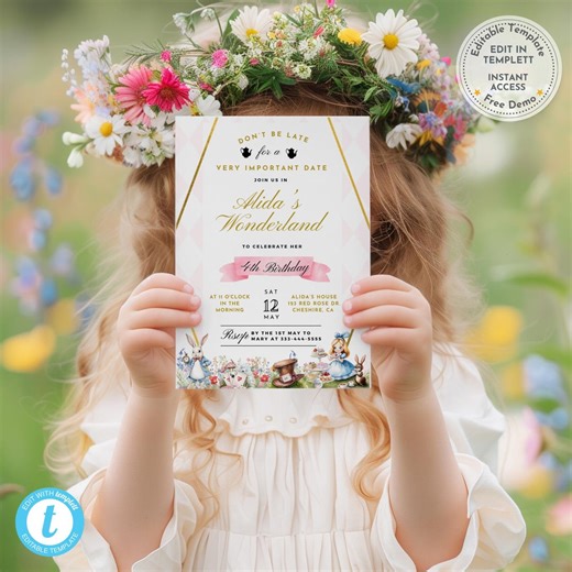Alice’s Adventures | Wonderland Garden Tea Party 4th Birthday Invitation Template | Whimsical Kids Party Invite | Editable Digital Download - Etsy