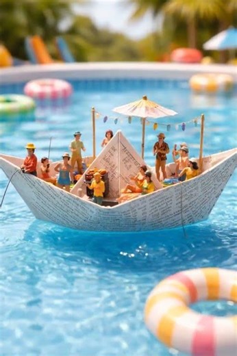“Mini People Party on a Giant Paper Boat! 🚤✨ Pool Adventure!”