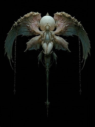 A pale, winged figure suspended in the dark. Large, curved wings hang heavy at its sides, edged with fine growths. A narrow body descends into a long, rigid spike.