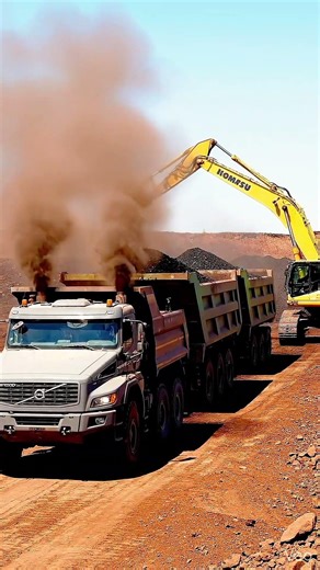 Komatsu excavator loading Volvo FMX 8x8