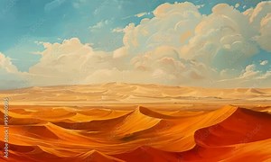 A classic painting of a vast desert landscape stretching as far as the eye can see, with dunes that rise and fall like waves. Video