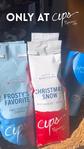 The perfect gift can be found at Cups. Featuring our Frosty's Favorite, Christmas Snow, Blue Seed to Cup 16oz Tumbler, and Red Mississippi Brewed 20oz Tumbler. Shop now | https://cupsespressocafe.com/shop | Cups Espresso Cafe | Facebook