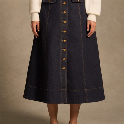 Button Front Denim Skirt - Dark Denim