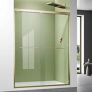 Brushed Gold 50-54'' x 72'' Semi-Frameless Glass Shower Door,Bathroom Sliding Door with 1/4'' Clear Tempered Glass,Stainless Steel Hardware Double Handles Reversible Easy Installation Bypass Doors