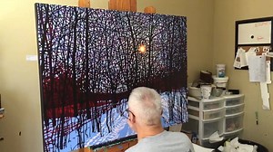 Here is the time lapse video for my latest painting🎨 “Winter’s Welcome” 😊 36” by 48” oil on canvas🖌. $5,495.00 🇨🇦 Painting the trees first and the negative shapes around them after gives the my paintings a very distinct look that I like very much. Little bits of the red canvas poking through between the sky and foliage creates a red halo that accentuates the glow of the sun.🌞 This is about 10 days of painting boiled down to two and a half minutes 😜 | Tim Packer