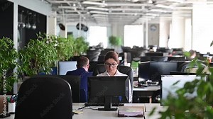 A woman freaks out and gets depressed from a mistake and breaks the keyboard on the monitor. Female manager gets angry and crashes a computer. Office clerk is stressed at work. Unstable psyche.