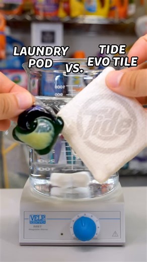 Zachary Pozniak on Instagram: "Today on POD RACING: Tide Evo Tile vs. a laundry pod This test is not designed to recreate a washing machine setting. Only to measure the time it takes for laundry products to dissolve in different water temperatures. Tide’s new Evo Tile is quite a nifty form of detergent. It’s much closer to a woven textile than a laundry sheet and took over a decade to develop. As you can see, the Evo Tile wins by a mile but needs a bit more water to disperse completely! #podraci
