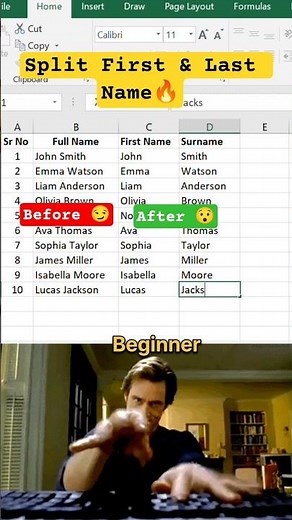 How to Split Full Name in Excel (1 Click Method) 😳#excel #exceltips #exceltricks #exceltutorial