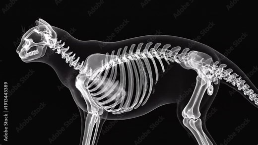 An X-ray image revealing the detailed skeletal structure of a domestic cat, showcasing its spine, rib cage, and limbs.