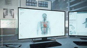 Medical computer monitoring technology studies the patients data. Medical computer monitoring tech scanning the skeleton. Medical computer monitoring technology checking the health of the human heart.