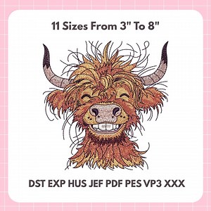 Smiling Highland Cow Embroidery Design – Digital File in 11 Sizes – Instant Download - Etsy