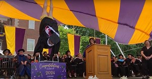 Retiring professor does a handstand on a walker at Williams College's 235th commencement