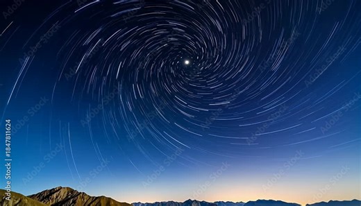 Epic star trails time lapse night sky swirling vortex over mountains cosmic motion astral star trails, spiral.