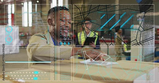 Logistics handler placing docs on boxes, causing animated overlay mapping over tablet for tracking