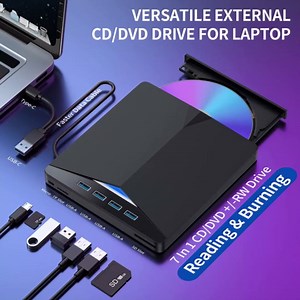 C&N 7IN1 USB External CD DVD Drive with 4 USB Ports and 2 TF/SD Card Slots, USB 3.0 Portable CD/DVD Disk Drive Player Burner Reader Writer for Laptop Mac PC Windows 11/10/8/7 Linux OS