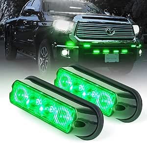Xprite Green 4 LED 4 Watt Emergency Vehicle Surface Mount Deck Dash Grille Strobe Light Kits Warning Caution Flashing Light Head with Clear Lens - 2 Pcs