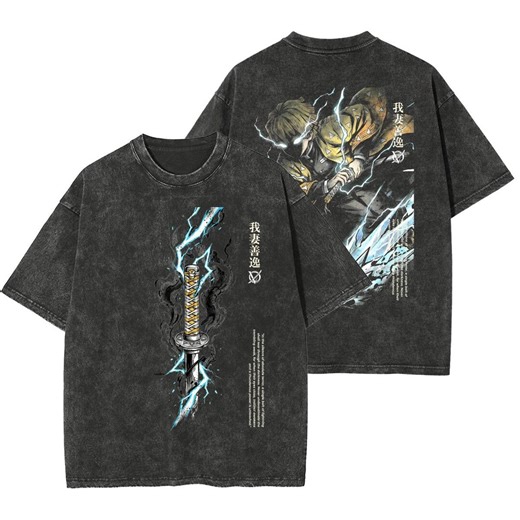 Vintage Thunder Warrior Washed Cotton Shirt, Lightning Bolt Anime Graphic Tee, Distressed Streetwear Apparel, Retro Manga Aesthetic T-shirt - Etsy