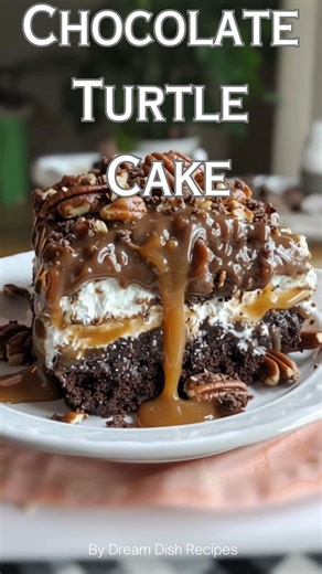 🍫🐢 Chocolate Turtle Cake 🐢🍫 A rich and decadent dessert that combines layers of chocolate cake, creamy caramel, and crunchy pecans, topped with whipped cream and chocolate chips for a delightful treat. Ingredients: - 1 box (15.25 oz) Devil’s Food chocolate cake mix - 1 can (14 oz) sweetened condensed milk - 1 jar (12 oz) caramel sundae topping - 1 container (8 oz) whipped topping, thawed - ½ cup chopped pecans - ½ cup mini semi-sweet chocolate chips - ⅓ cup salted caramel sauce Instructions: