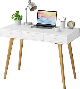Modern Computer Vanity-Desk with Drawers and Solid Wooden Legs For Bedroom Furniture, Home Office, Study Work Writing Standing Makeup Vanity Table / Workstation, White