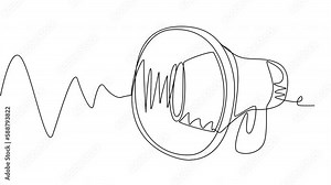 Self-drawing of a megaphone with a blue one line silhouette. The concept of preparing the dissemination of information for large masses. Whiteboard with loudspeaker in 4K with alpha channel.