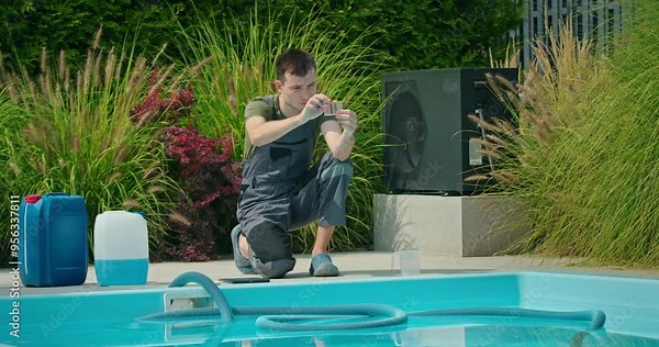 Pool maintenance technician analyzing water sample beside a swimming pool surrounded by greenery and chemical containers.