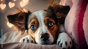 dog with heart-shaped bokeh background, Valentine's Day concept. Cute puppy on heart-patterned blanket, romantic holiday theme. Pet portrait with loving expression
