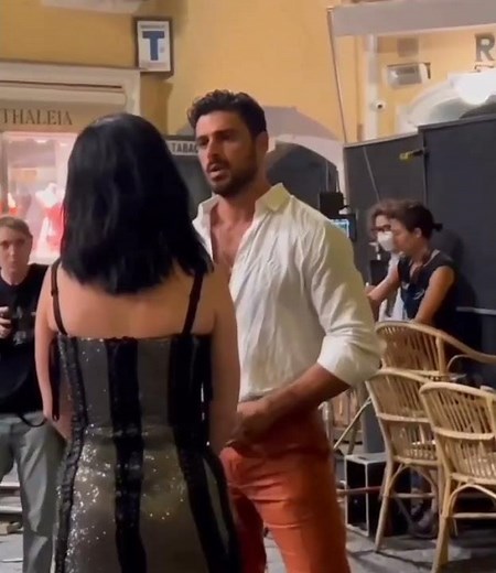 Michele Morrone on set with Katy Perry.