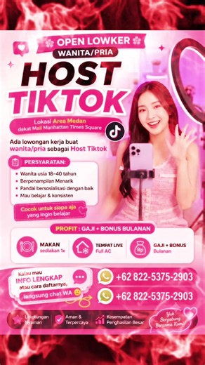 Lowongan Kerja Terbaru. Segera lamar terbuka untuk pria dan wanita. Hubungi ke kontak yang tertera yah. #lokermedan #lokersumut #lokerhostlive #lokerhariini #lokerareamedan