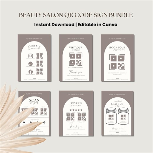 Beauty Salon QR Code Sign Bundle | Editable Canva Templates | Scan to Pay, Tips Jar, Review, Social Media & Booking Signs - Etsy