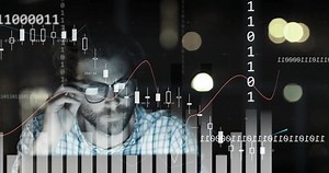 Animation of caucasian businessman using computer, binary coding and data processing. Global networks, digital interface, computing and data processing concept digitally generated video.