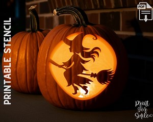 Witch Flying on A Broom Pumpkin Carving Stencil Template Spooky Halloween PRINTABLE - Etsy