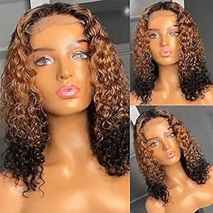 Curly Bob Lace Front Wigs Human Hair 13×6 T Part Lace Frontal Wig Pre Plucked with Baby Hair 1B/30 Brown Remy Hair for Women (1B/30, T Lace, 8 Inch)