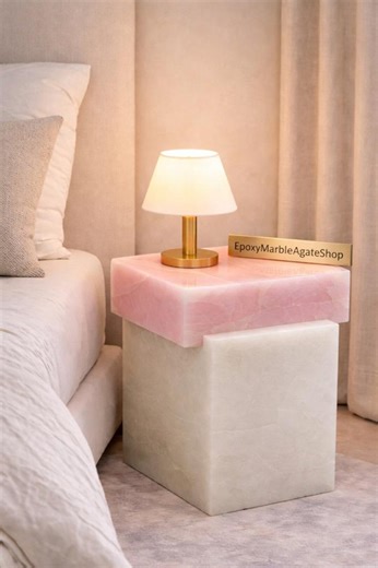 Pink Onyx Side Table With White Base, Luxury Onyx Nightstand, Handmade Stone End Table, Modern Bedroom Decor Furniture - Etsy