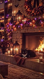 Cozy Halloween by the Fireplace 🎃🔥 Kitty & Autumn Lights