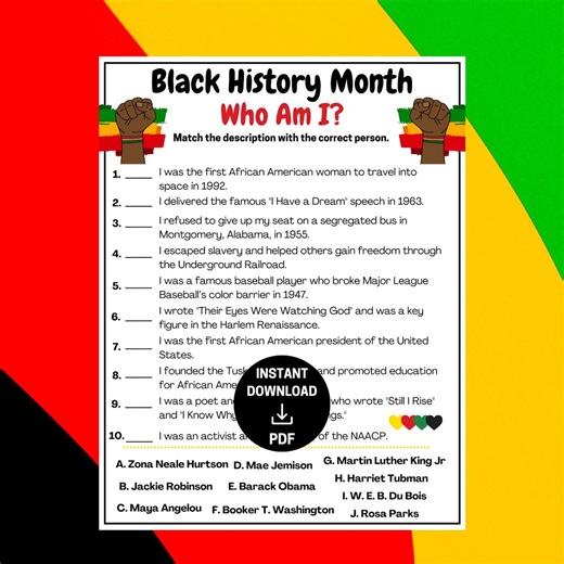 Black History Month Who Am I Game, Black History Games Activity, Black History Trivia, Quiz Printable Fun Activity for Kids Adults Classroom - Etsy