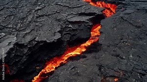 Lava flows through rock formations at nighttime, showcasing nature's raw power in a volcanic landscape