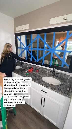 How to remove a builder grade vanity mirror. #tiktokpartner #learnontiktok #homeimprovement #roommakeover