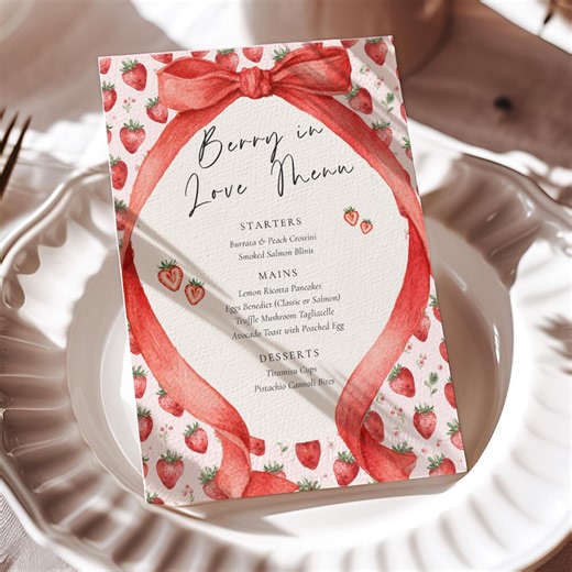 Berry in Love Bridal Shower Menu, Strawberry Bridal Shower Menu, Berry Themed Wedding Shower Menu, Editable Menu Card - Canva 5x7 and A5 - Etsy