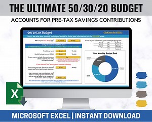 Modèle de budget 50/30/20 : planificateur financier, suivi des dépenses (téléchargement numérique Microsoft Excel)