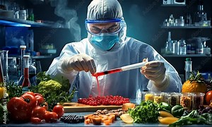 Food Scientist at Work: A focused scientist in a sterile lab coat meticulously works with vibrant produce and a test tube of crimson liquid, surrounded by an array of colorful fruits, vegetables.